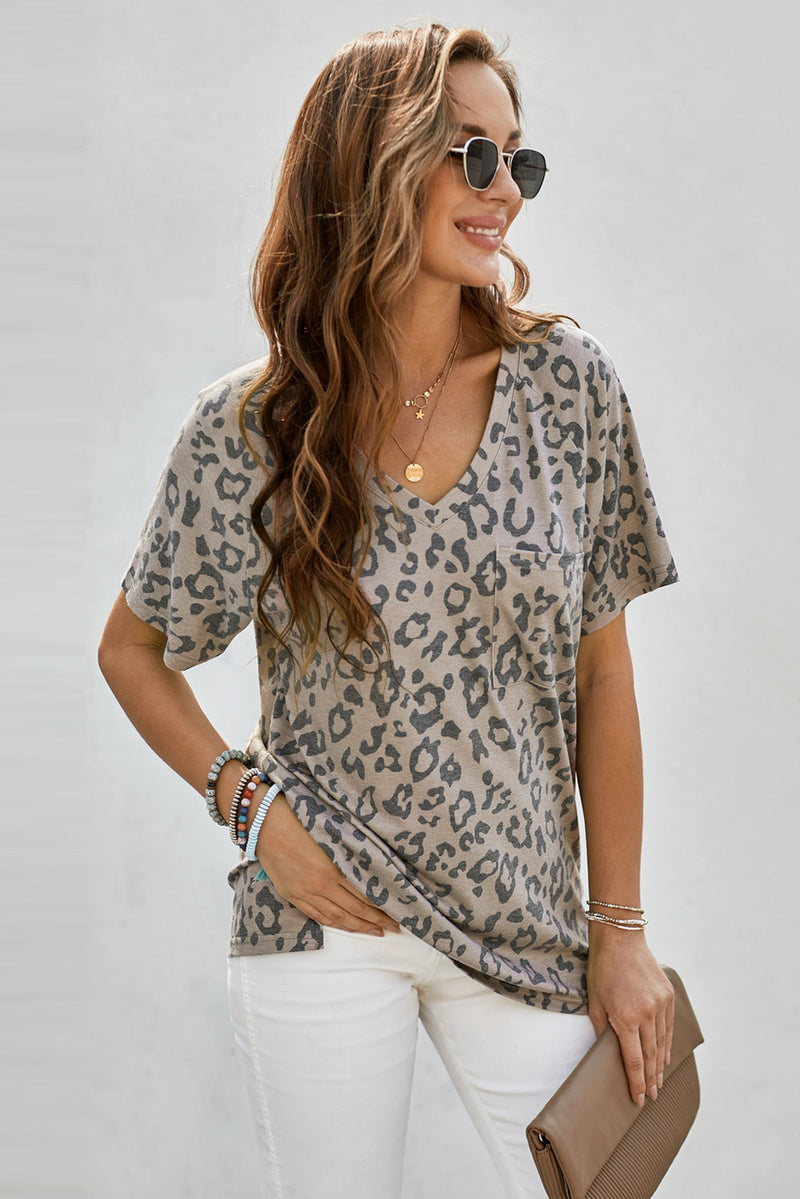 Muted Patterned V-Neck Tee with Pocket - 2 patterns