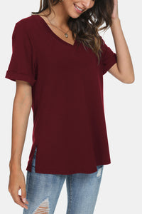 V-Neck Short Sleeve Slit T-Shirt - 5 colors
