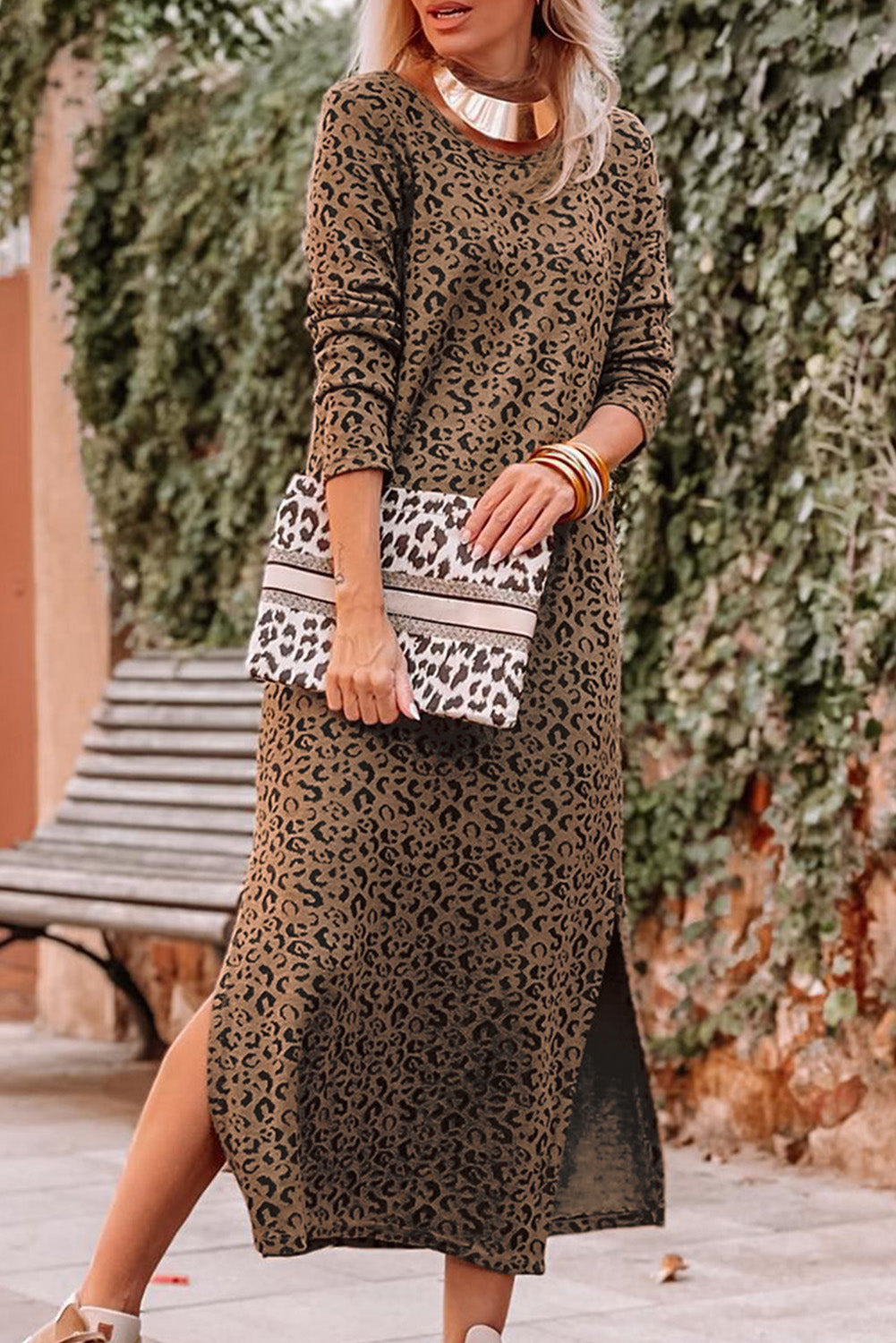 Round Neck Leopard Print Long Sleeve Slit Dress