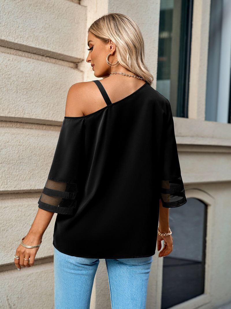 Asymmetrical Neck Sheer Striped Flare Sleeve Blouse - 3 Colors