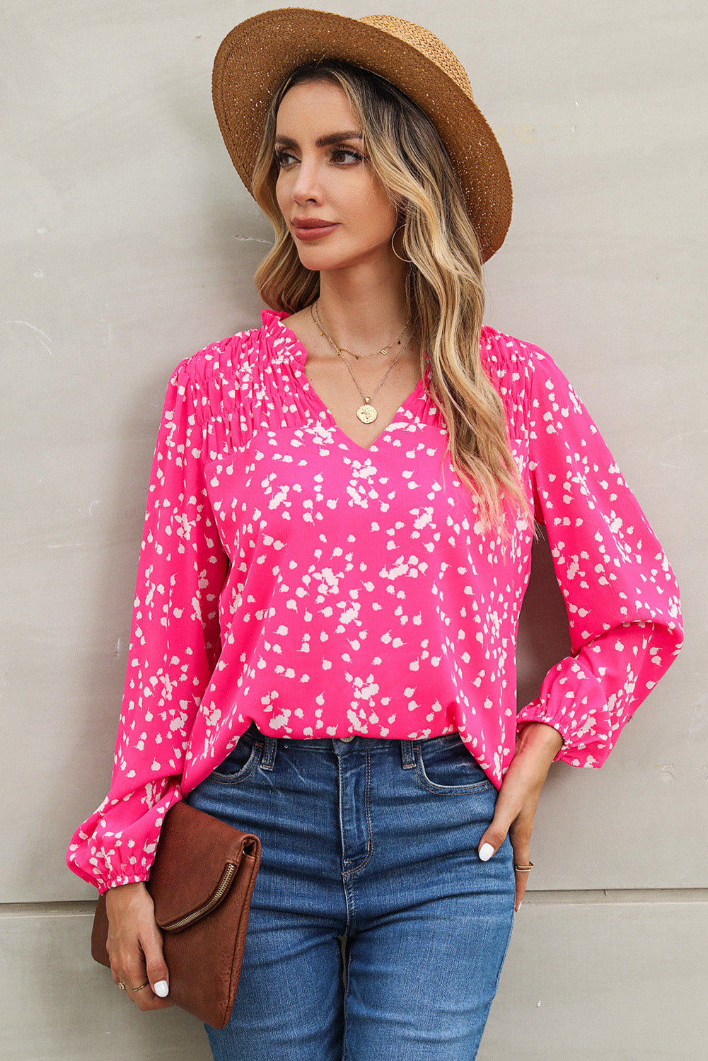Printed Notched Neck Smocked Blouse - 2 colors