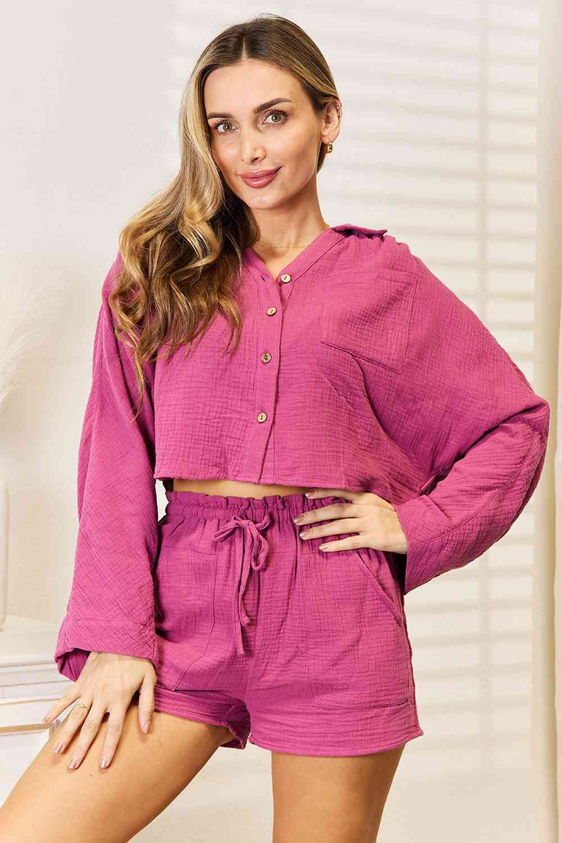 Buttoned Long Sleeve Top and Shorts Set