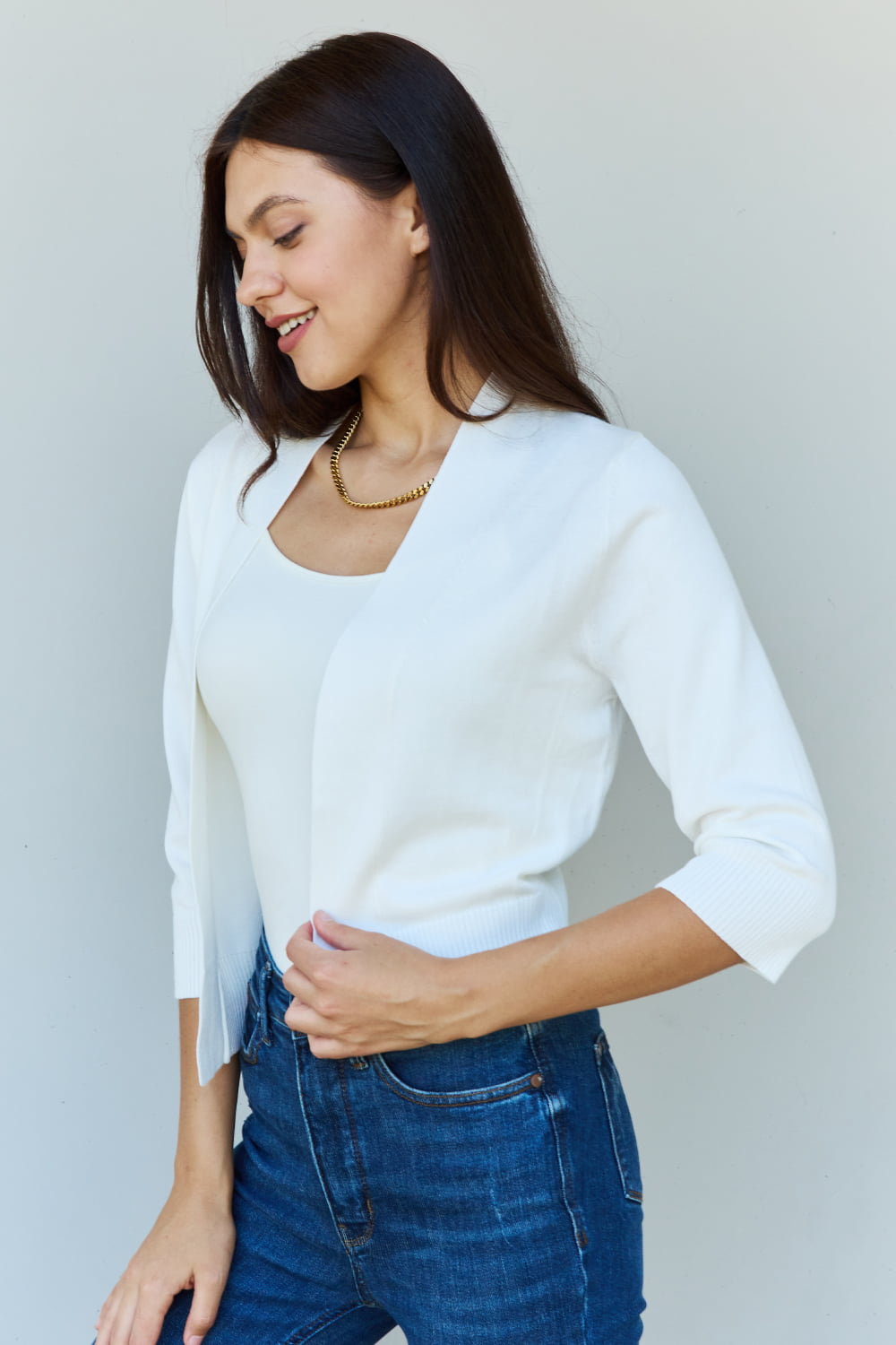 My Favorite 3/4 Sleeve Cropped Cardigan in Ivory