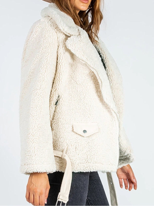 Zip-Up Belted Sherpa Jacket - 3 colors