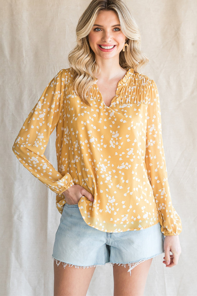 Printed Notched Neck Smocked Blouse - 2 colors