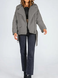 Zip-Up Belted Sherpa Jacket - 3 colors
