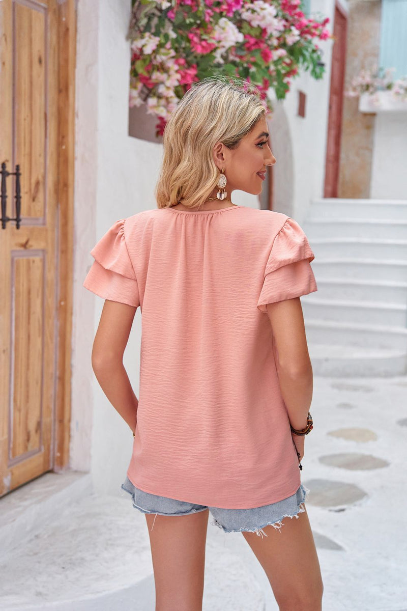 Layered Flutter Sleeve Tie Neck Top - 5 Colors