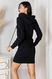 Drawstring Long Sleeve Hooded Dress with Pockets