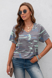 Muted Patterned V-Neck Tee with Pocket - 2 patterns