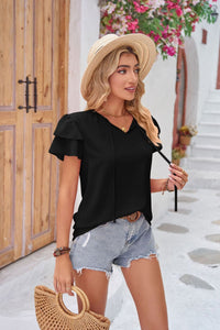 Layered Flutter Sleeve Tie Neck Top - 5 Colors