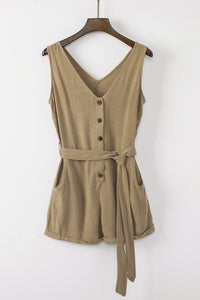 Tie-Waist Buttoned Plunge Sleeveless Romper - 3 colors