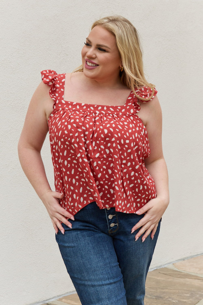 Ruffled Dot Patterned Top in Brick