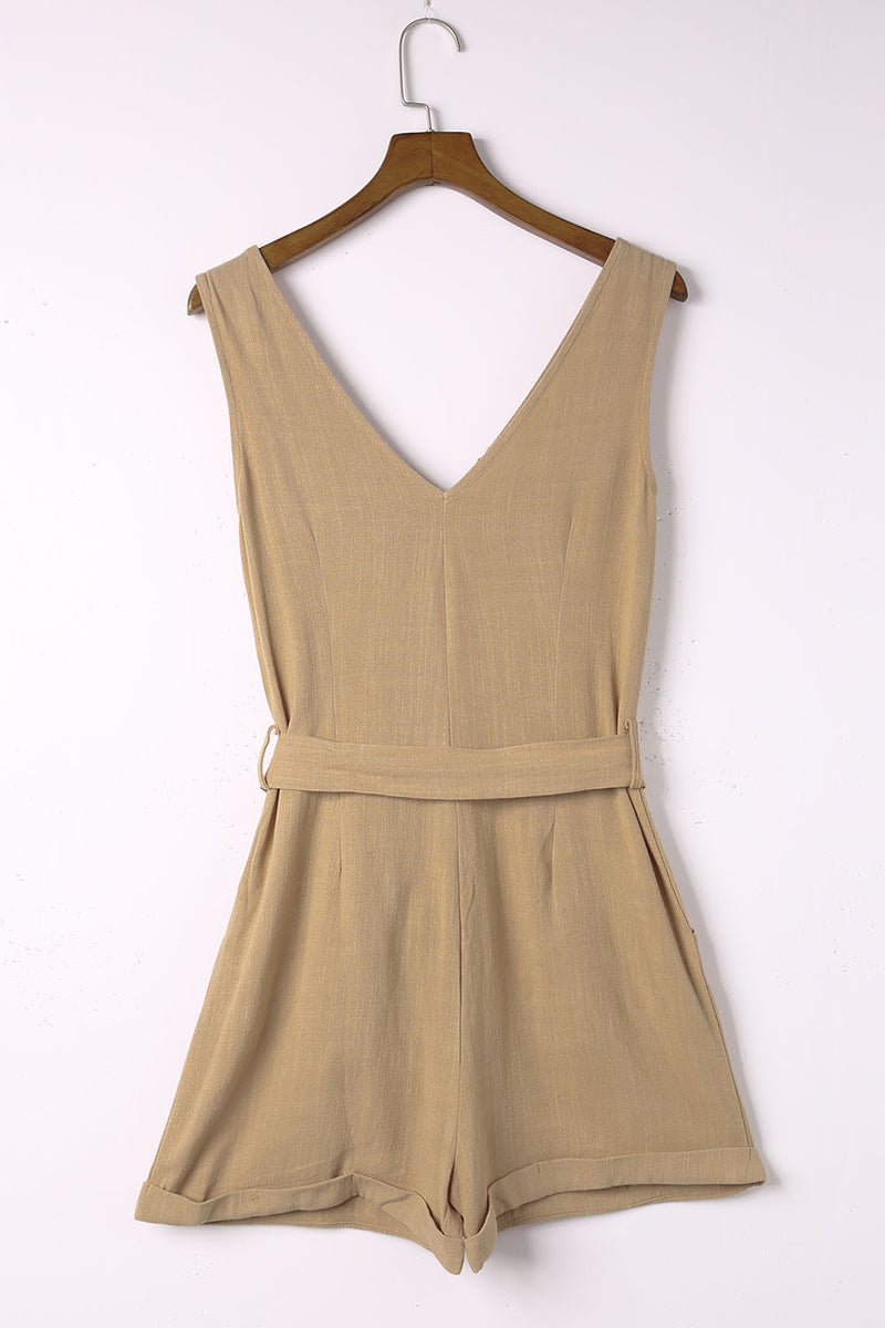 Tie-Waist Buttoned Plunge Sleeveless Romper - 3 colors